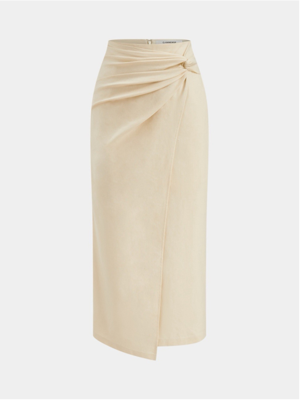 Commense NWT Cotton Linen Ruched Knot Midi Skirt Apricot XL Beige Zip Lined